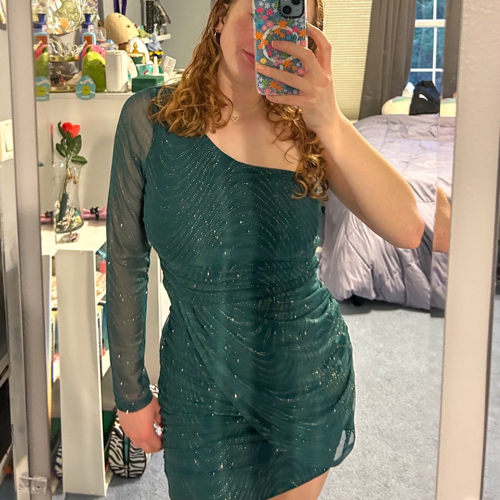 one shoulder long sleeve, green with gold glitter short dress!